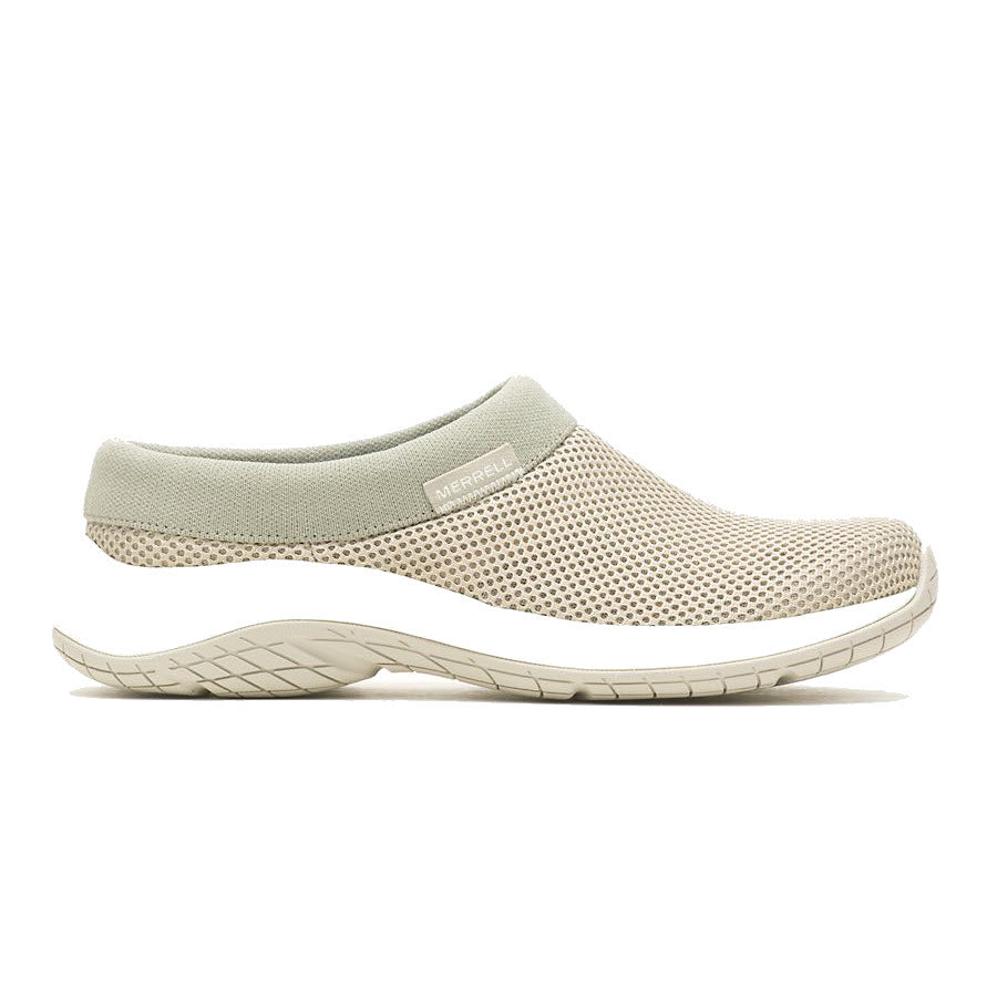 A light beige Merrell Encore Breeze 5 Aluminum slip-on shoe with breathable mesh upper and a white sole, viewed from the side.