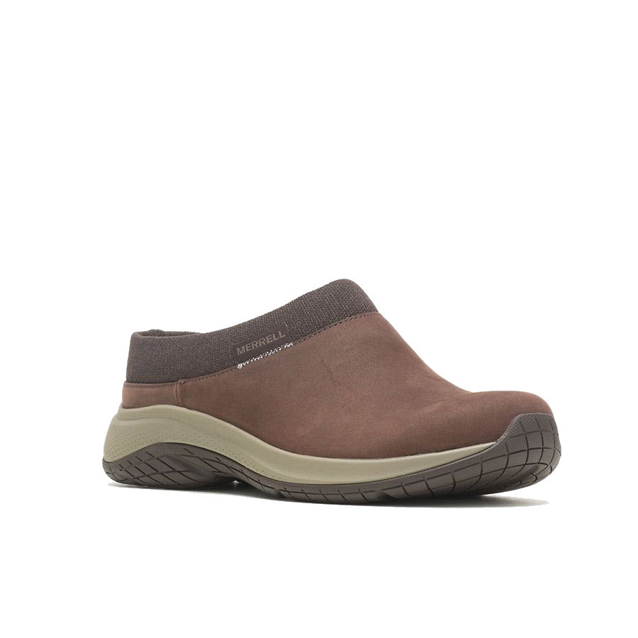 A single brown Merrell Encore Nova 5 Espresso slip-on shoe crafted from full-grain leather with a beige sole, displayed against a white background.