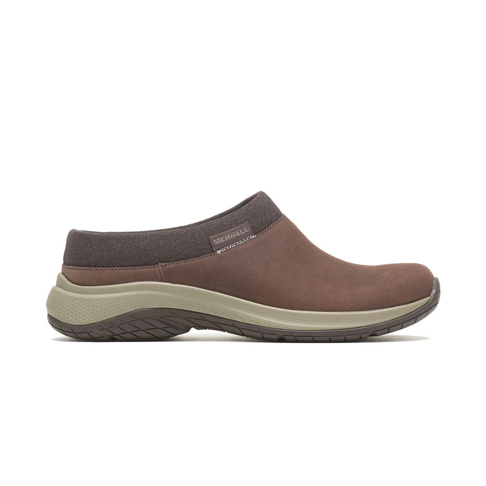 A single Merrell Encore Nova 5 Espresso slip-on shoe with elastic side insets and cushioned beige sole, displayed against a white background.
