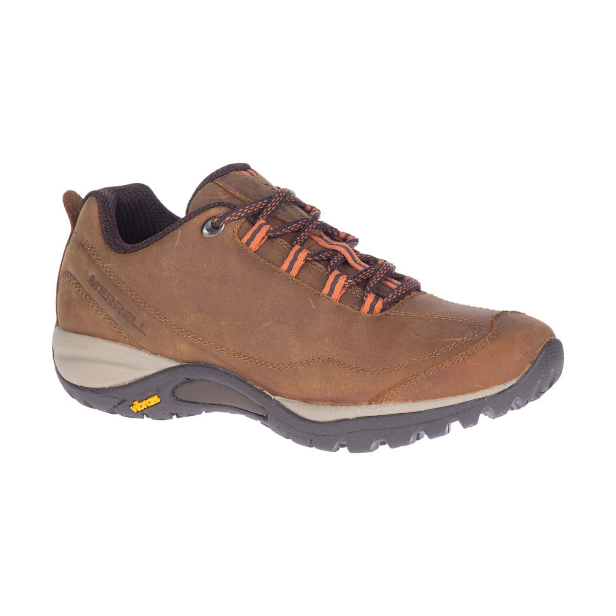 A single Merrell Siren Traveller 3 Tan women&#39;s hiking shoe with orange laces and a Vibram sole, displayed against a white background.