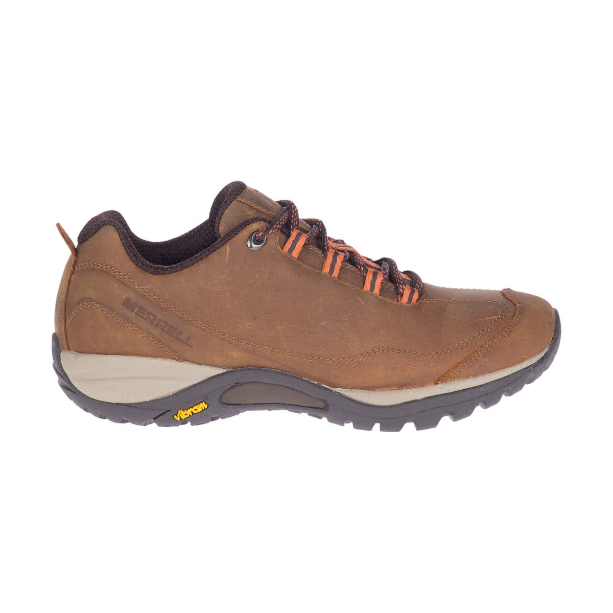 Side view of a brown leather Merrell Siren Traveller 3 Tan hiking shoe with orange laces and a Vibram sole, isolated on a white background.