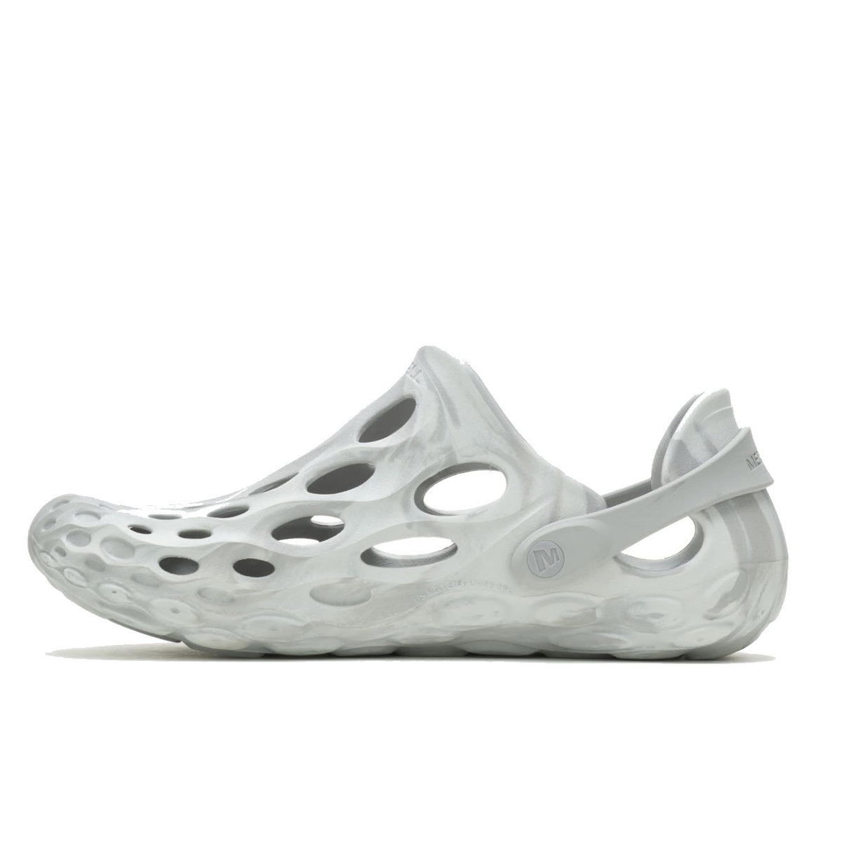 A single white foam clog made of water-friendly EVA foam, with numerous circular cut-outs and a pivoting heel strap, displayed against a white background MERRELL HYRDRO MOC PALOMA - MENS.