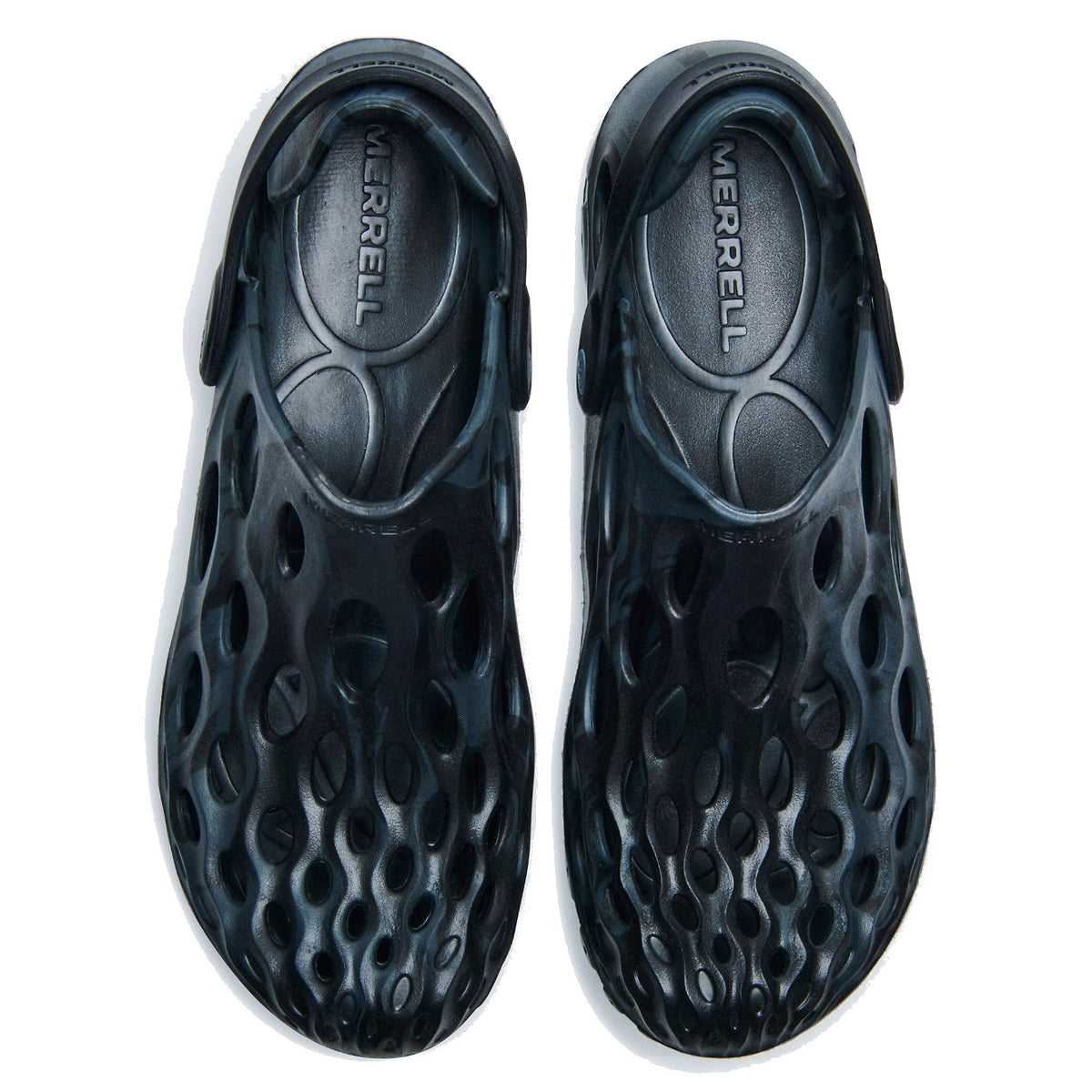 A pair of black Merrell Hydro Moc slip-on shoes with a unique open design, viewed from above.