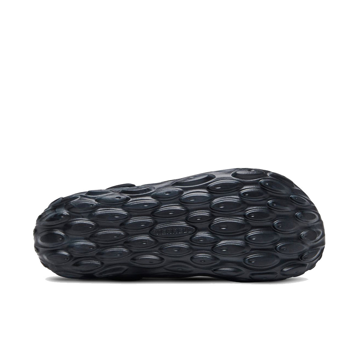 Merrell black sneaker sole with circular tread pattern and a brand label embedded near the heel, crafted from water-friendly EVA foam.