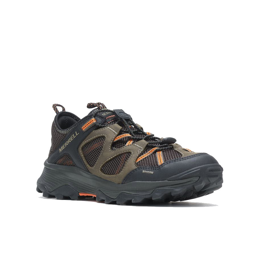 A Merrell Speed Strike Leather Sieve Olive - Mens hiking shoe with durable leather uppers and orange accents, featuring a rugged sole and breathable mesh panels.