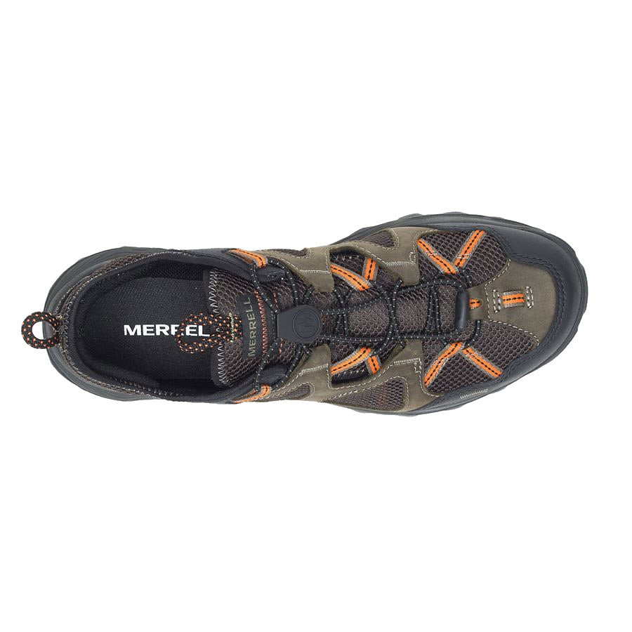 Top view of a single Merrell Speed Strike Leather Sieve Olive hiking shoe featuring gray and black tones with orange accents and a sticky trail outsole, displayed on a white background.