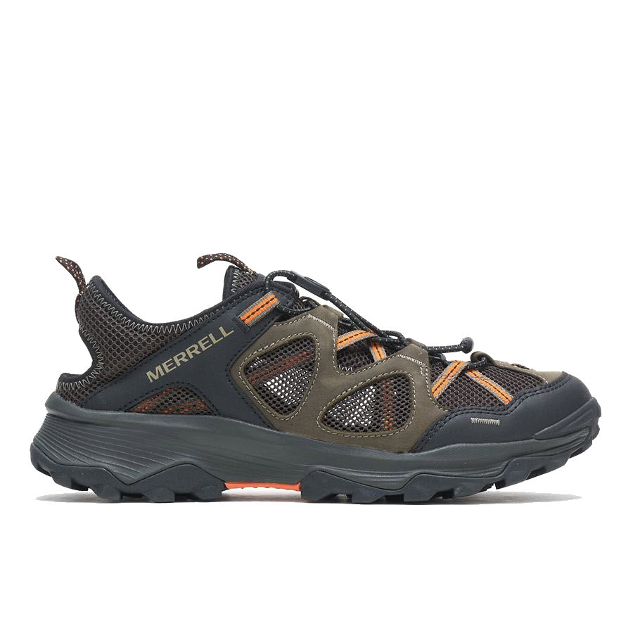 Side view of a Merrell Speed Strike Leather Sieve Olive - Mens hiking shoe in gray with orange accents, featuring mesh panels and a sticky trail outsole.