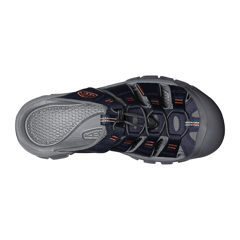 Top view of a Keen brand KEEN NEWPORT SLIDE SANDAL SKY CAPTAIN BOMBAY BROWN - MENS featuring a closed-toe design, gray and blue color scheme, and an adjustable drawstring lacing system.