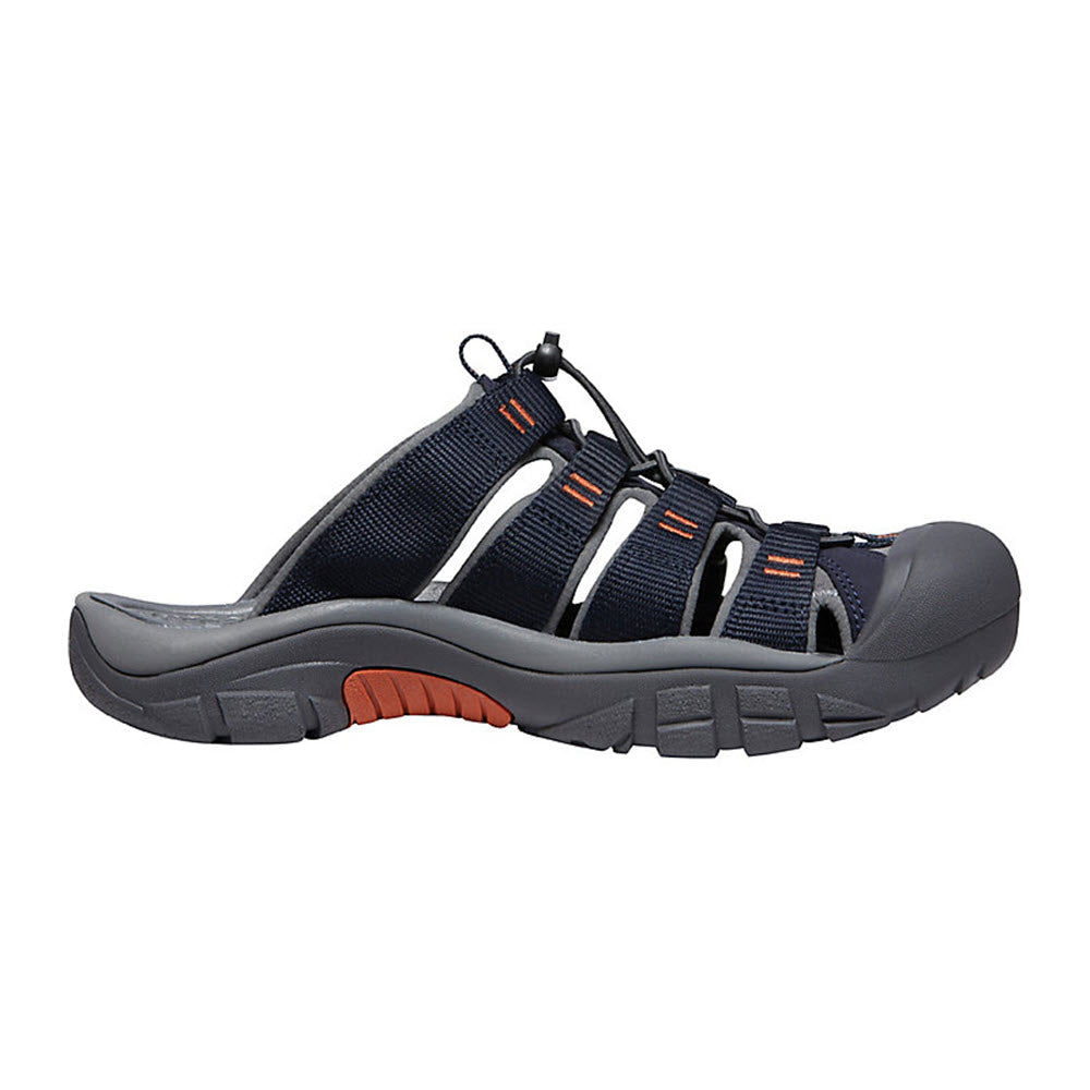 Side view of a navy blue and gray Keen Newport Slide sandal with adjustable bungee straps and a rugged sole.