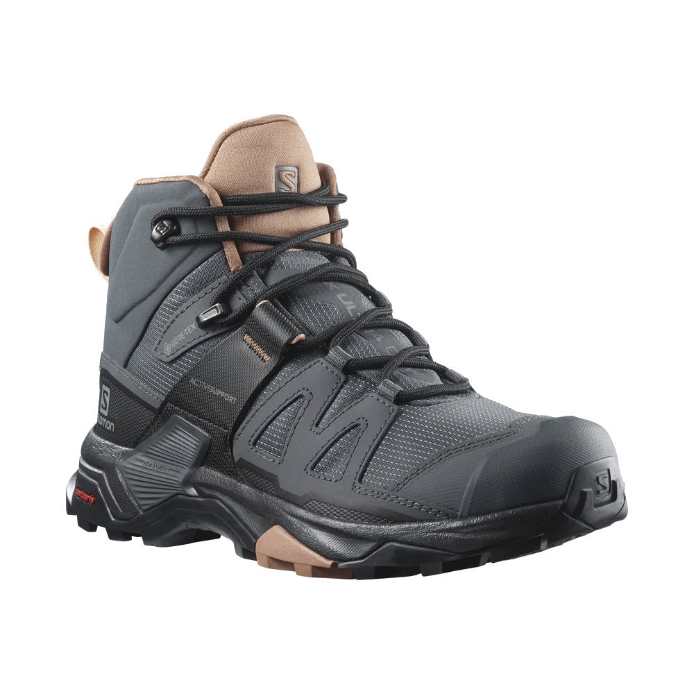 A single gray and tan Salomon X Ultra 4 Mid GTX Ebony/Mocha Mousse/Almond Cream hiking boot with reinforced toe and grippy outsole, viewed from the side.