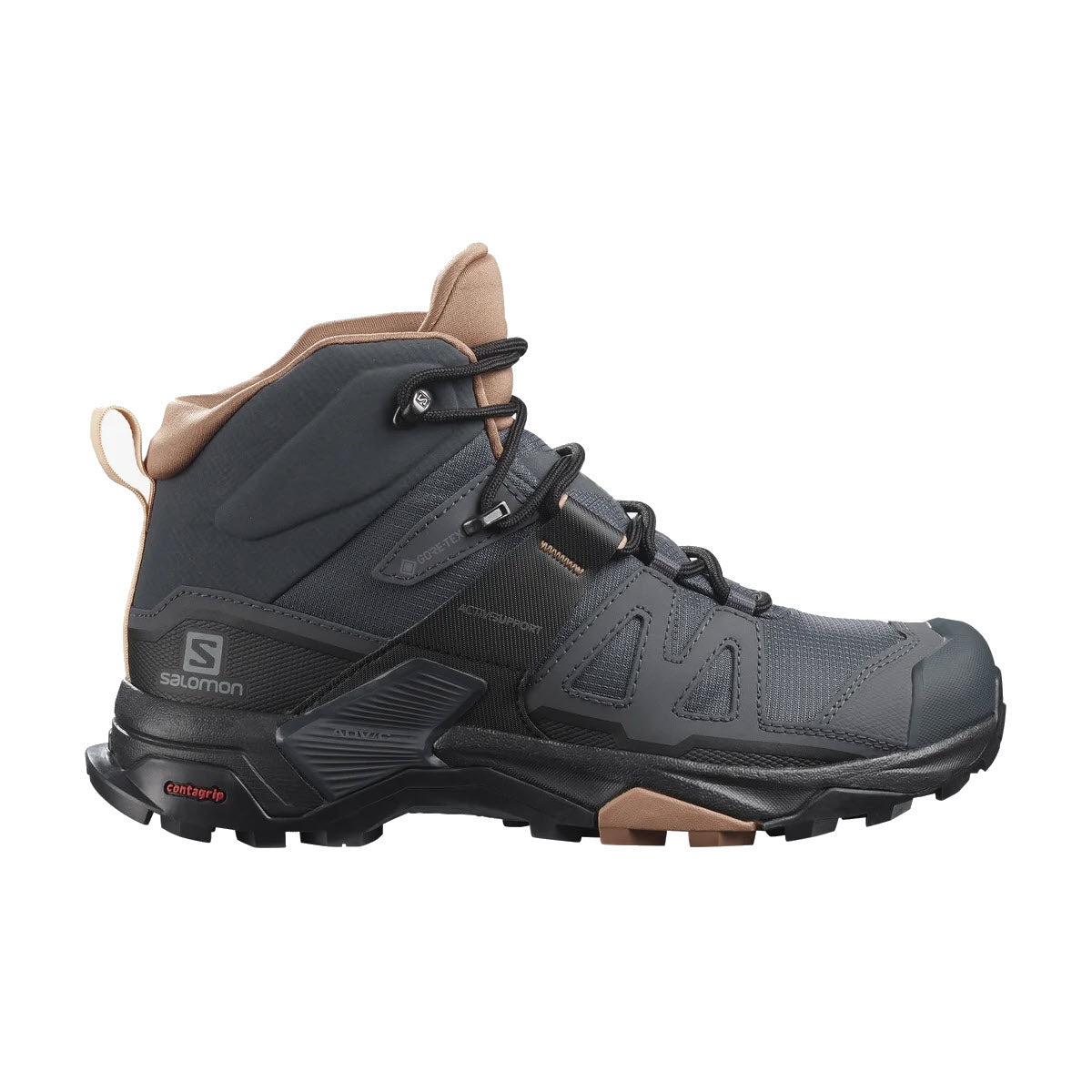 A single Salomon X Ultra 4 Mid GTX Ebony/Mocha Mousse/Almond Cream hiking boot with GORE-TEX protection, featuring gray and black colors with a tan accent, isolated on a white background.