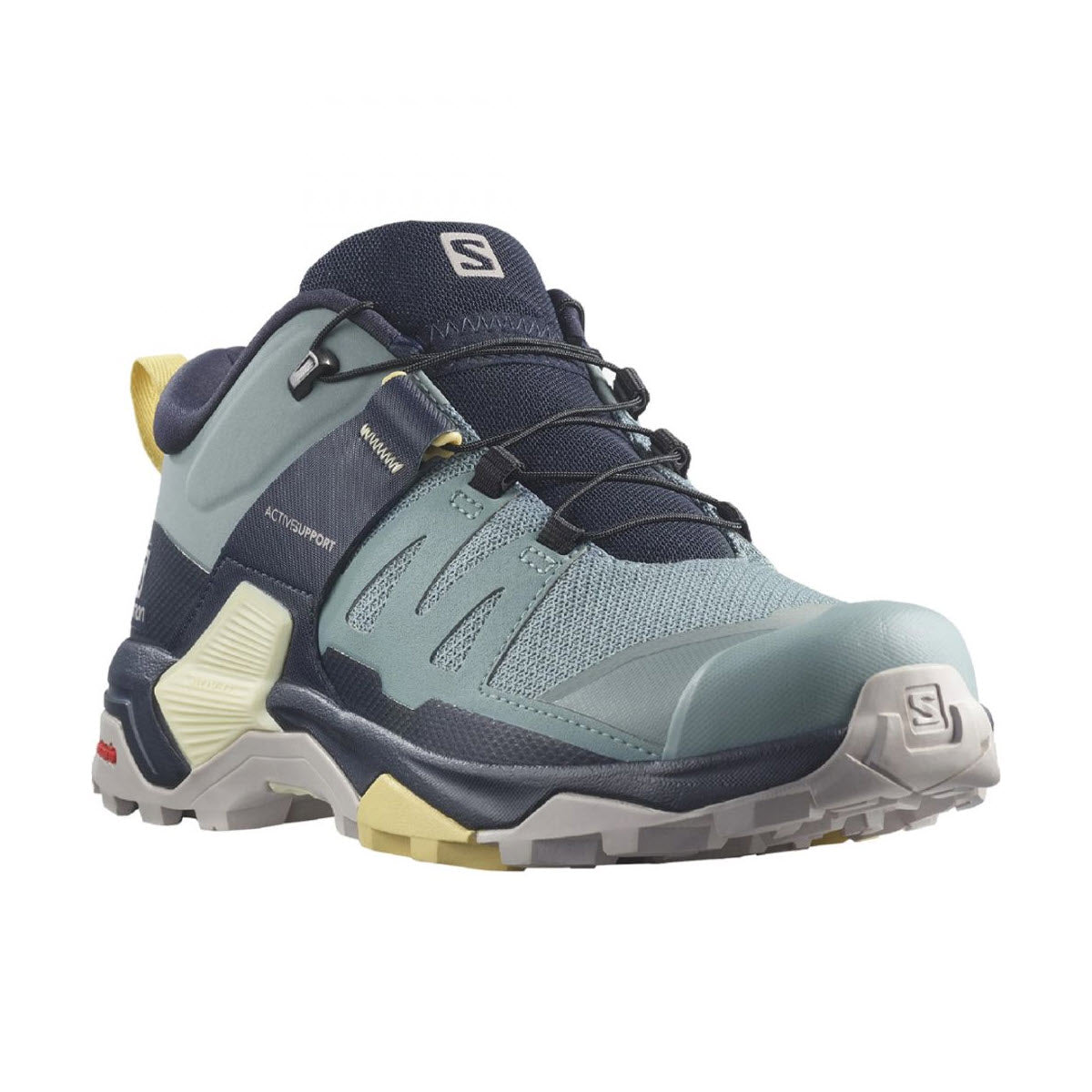 A Salomon X Ultra 4 Trooper/Night Sky/Sun Dress hiking shoe in blue and gray with sturdy laces and a reinforced toe cap, featuring a Contragrip MA outsole, isolated on a white background.