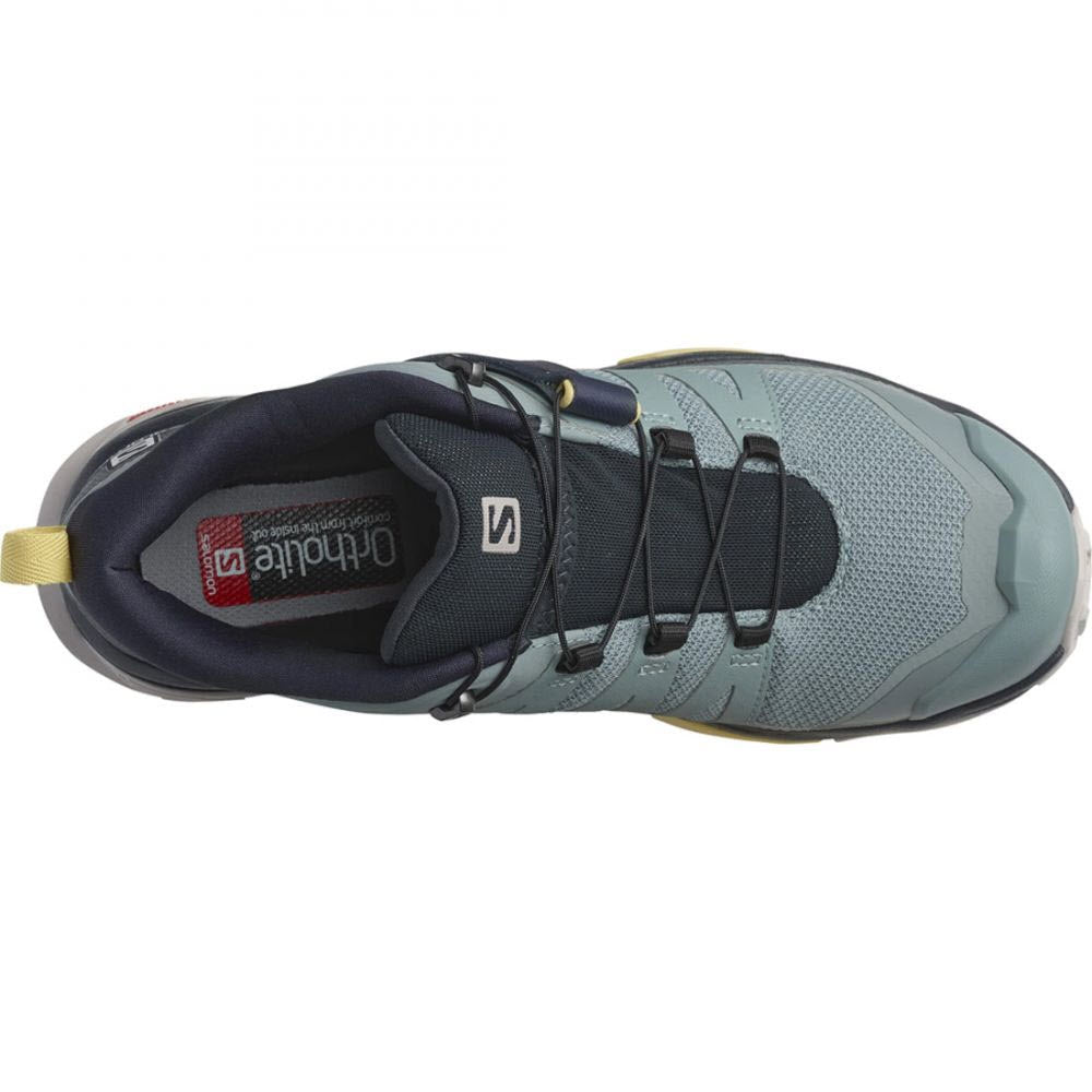 Top view of a gray and blue Salomon X Ultra 4 Trooper/Night Sky/Sun Dress hiking shoe with quicklace system and SensiFit technology.