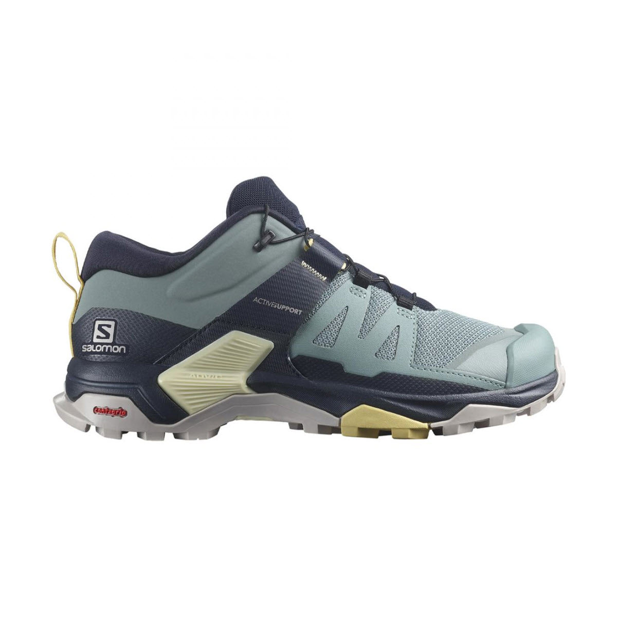 A Salomon X Ultra 4 Trooper/Night Sky/Sun Dress hiking shoe featuring a Contragrip MA outsole, mesh upper, and yellow accents.