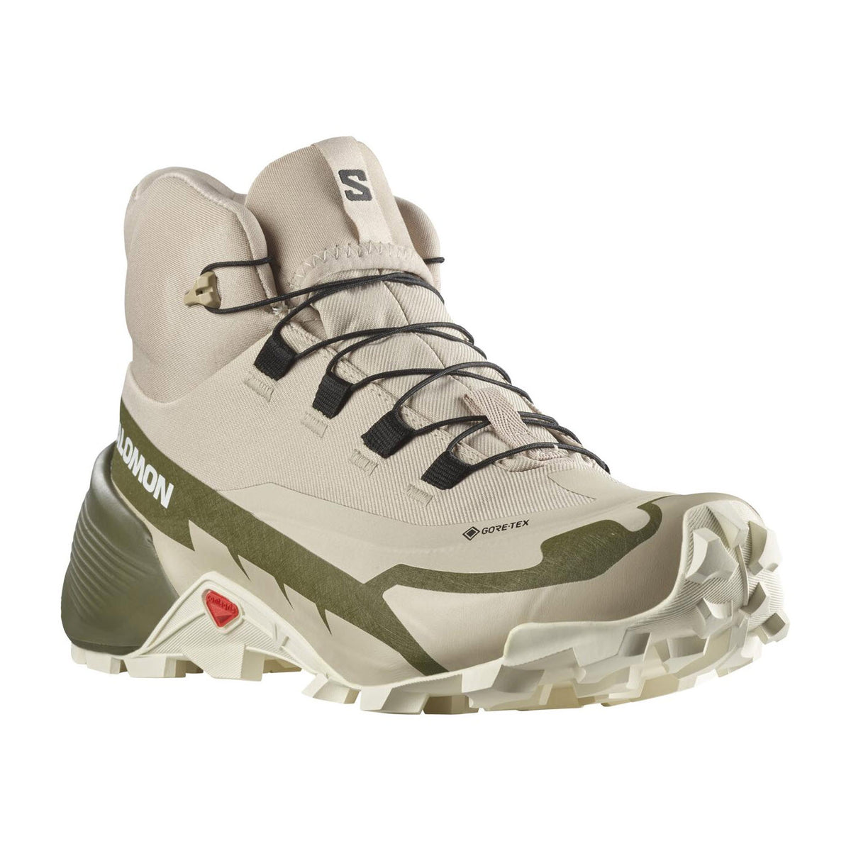A single Salomon CROSS HIKE 2 MID GTX SHALE/WILD - WOMENS hiking shoe, featuring a beige and green color scheme with CLIMASALOMON WATERPROOF technology and a rugged sole.