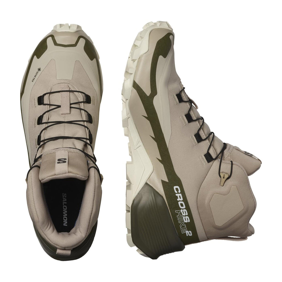 Top view of a pair of beige and green Salomon CROSS HIKE 2 MID GTX SHALE/WILD - WOMENS hiking shoes with thick soles and camouflage details.