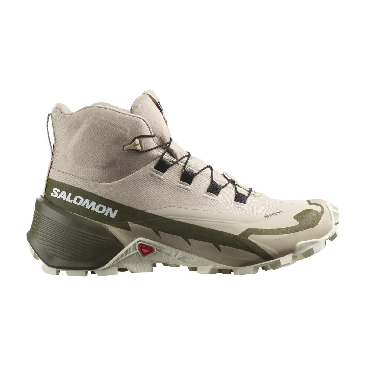 A single beige and green Salomon CROSS HIKE 2 MID GTX SHALE/WILD - WOMENS hiking shoe with a high ankle design, displayed against a white background.