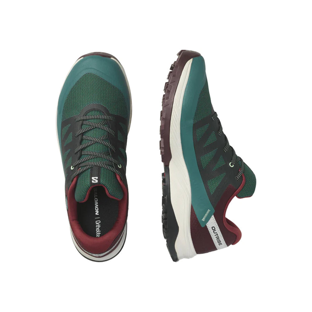 A pair of green and black Salomon OUTRISE CSWP PONDEROSA PINE - MENS trail running shoes, viewed from above and the side, displaying the tread and design details.