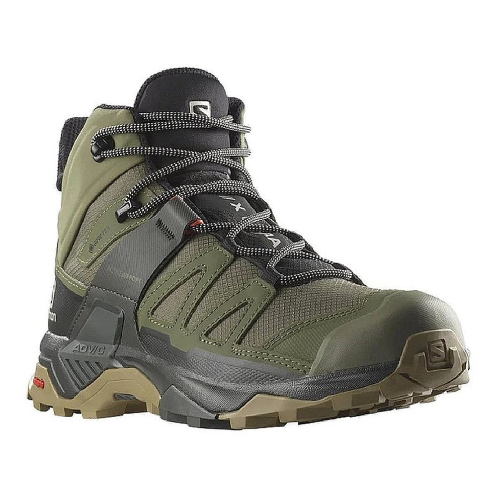 Salomon olive green and gray hiking boot with laces, featuring reinforced heel and GORE-TEX waterproof protection, designed for rugged terrain.