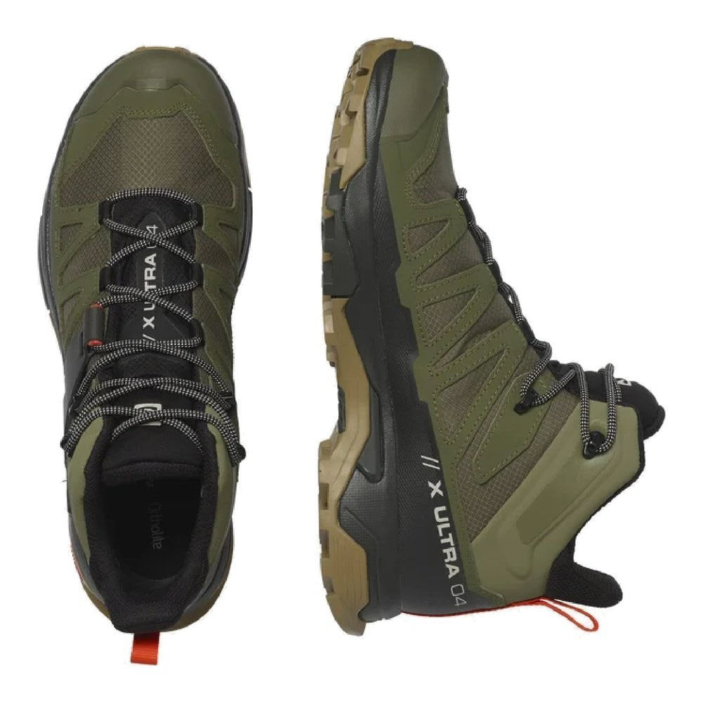 Top and side views of a pair of Salomon X Ultra 4 Mid GTX Lichen Green/Peat/Kelp - Men&#39;s hiking boots with rugged soles and red pull tabs.