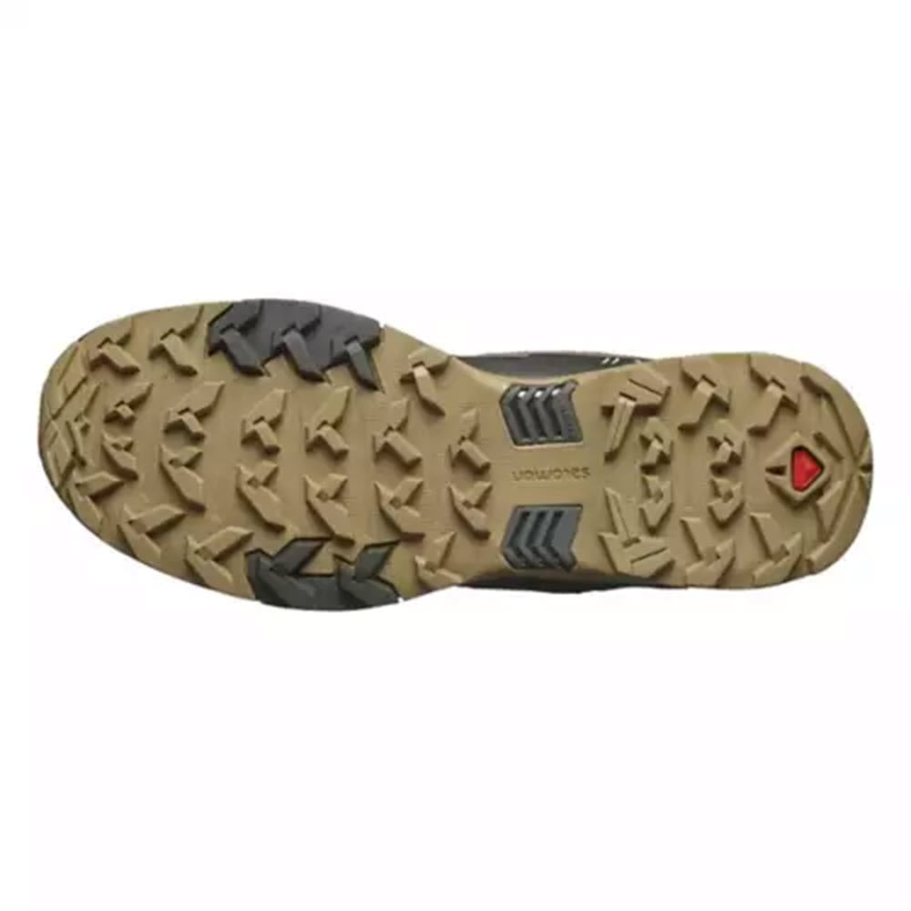 A bottom view of a Salomon X Ultra 4 Mid GTX Lichen Green/Peat/Kelp - Mens rugged trail-running shoe sole featuring a textured pattern and multicolored rubber grips for traction.