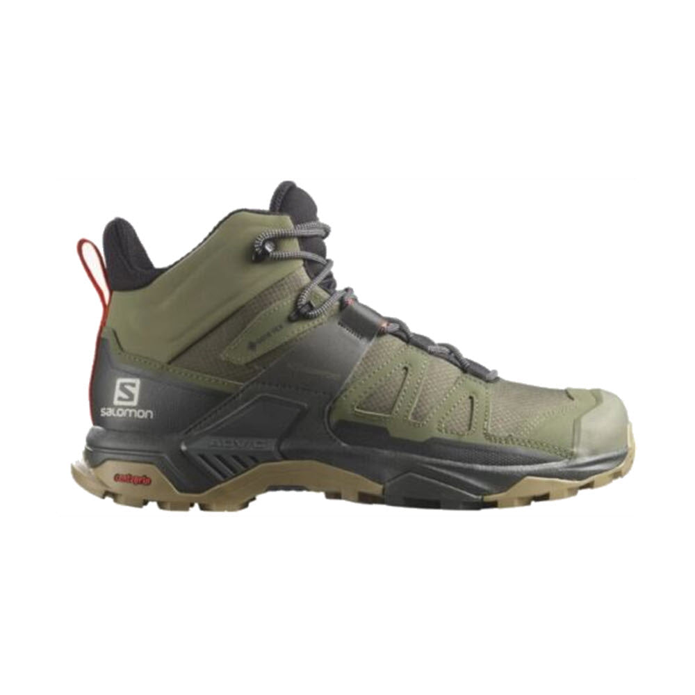 Olive green Salomon X Ultra 4 Mid GTX Lichen Green/Peat/Kelp trail-running shoe with black and gray detailing, showcasing a sturdy, high-ankle design suitable for rugged terrains.