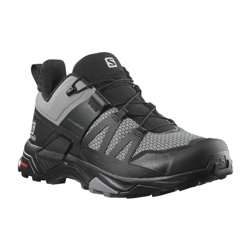 A single Salomon X Ultra 4 Quiet Shade hiking boot, featuring a gray and black design with visible logos and a Contagrip® sole system.
