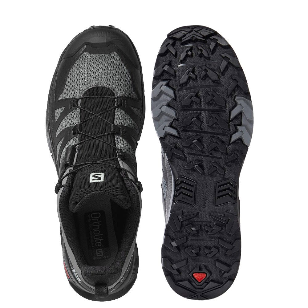 A pair of ultra-light Salomon X Ultra 4 Quiet Shade hiking shoes viewed from above, displaying the top and Contagrip® sole system of one shoe.
