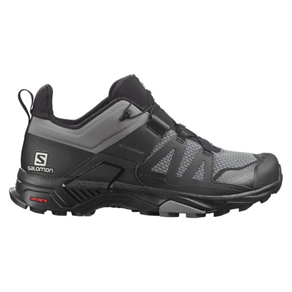 A single Salomon X Ultra 4 Quiet Shade - Mens trail running shoe featuring a black and gray color scheme with Contagrip® sole system and a quicklace system.