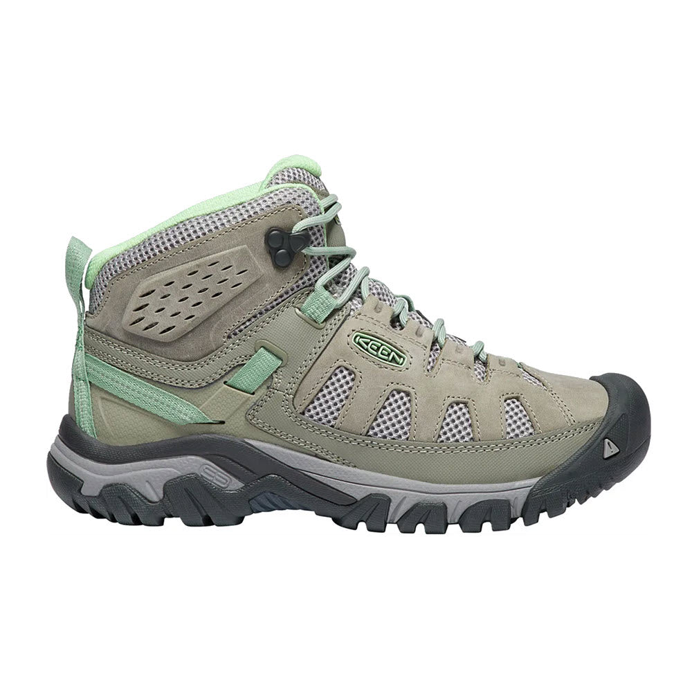 A single Keen Targhee Vent Mid Fumo/Quiet Green women's hiking boot with breathable mesh panels and sturdy rubber sole, isolated on a white background.
