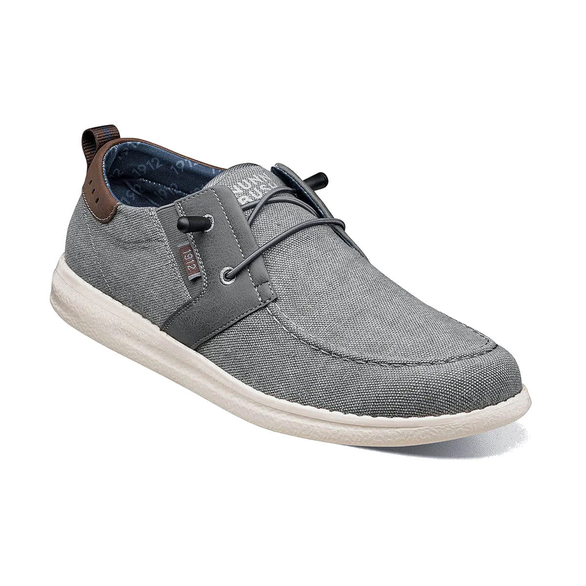 A single Nunn Bush Brewski Moc Toe Slip On Gray casual warm weather shoe with leather detailing and black laces on a white background.
