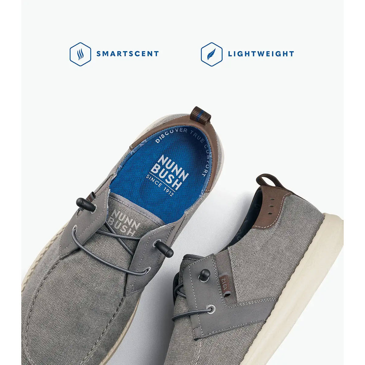 A pair of gray Nunn Bush Brewski moc toe slip on shoes displayed from above, highlighting features like SmartScent and lightweight design.