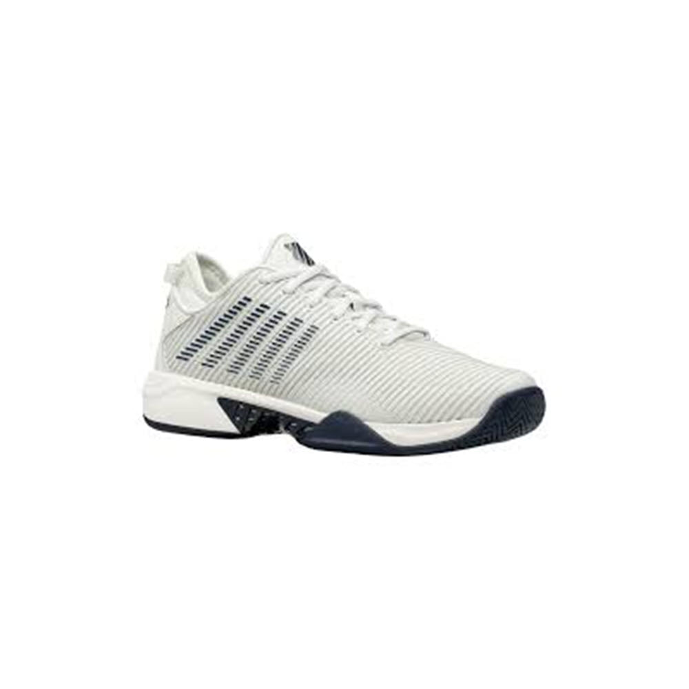A single K-Swiss Hypercourt Express 2 Vaporous Gray/Peacoat - Mens athletic shoe featuring the Durawrap Flex technology, with a breathable mesh upper, blue accents, and a black and blue sole, shown against a plain white background.