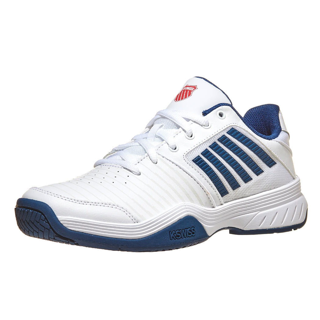 A white K-Swiss Court Express sneaker with blue and red accents, displaying the side profile on a plain background.