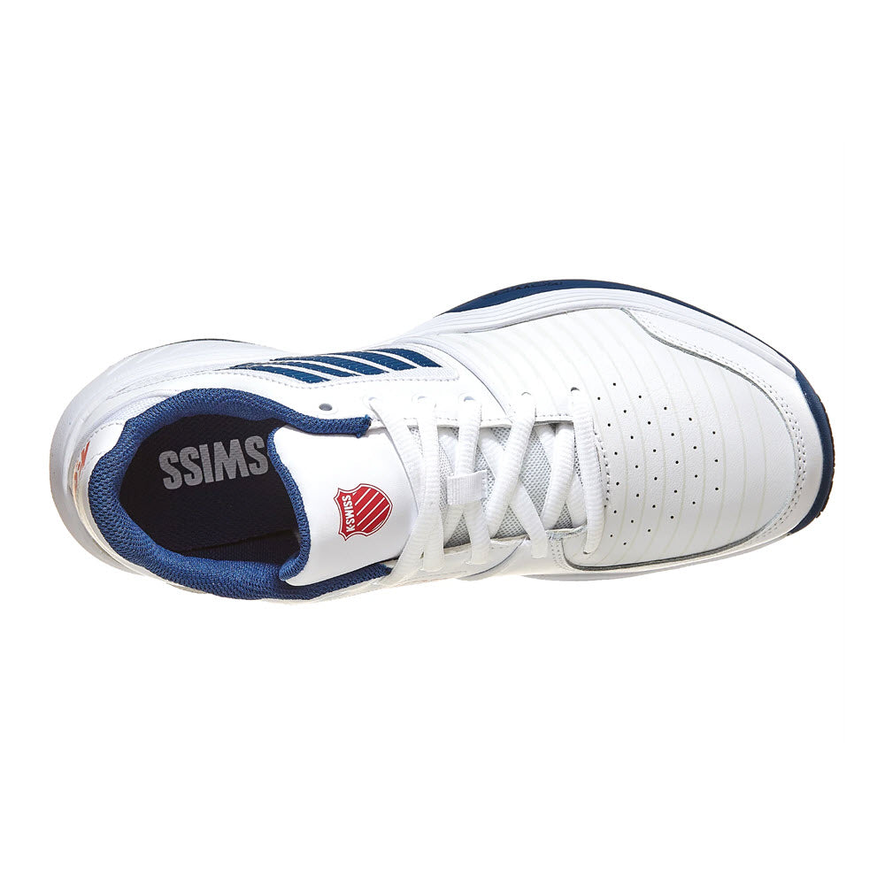 Top view of a K-Swiss Court Express White/Blue - Mens athletic shoe with laces, featuring a logo on the tongue.