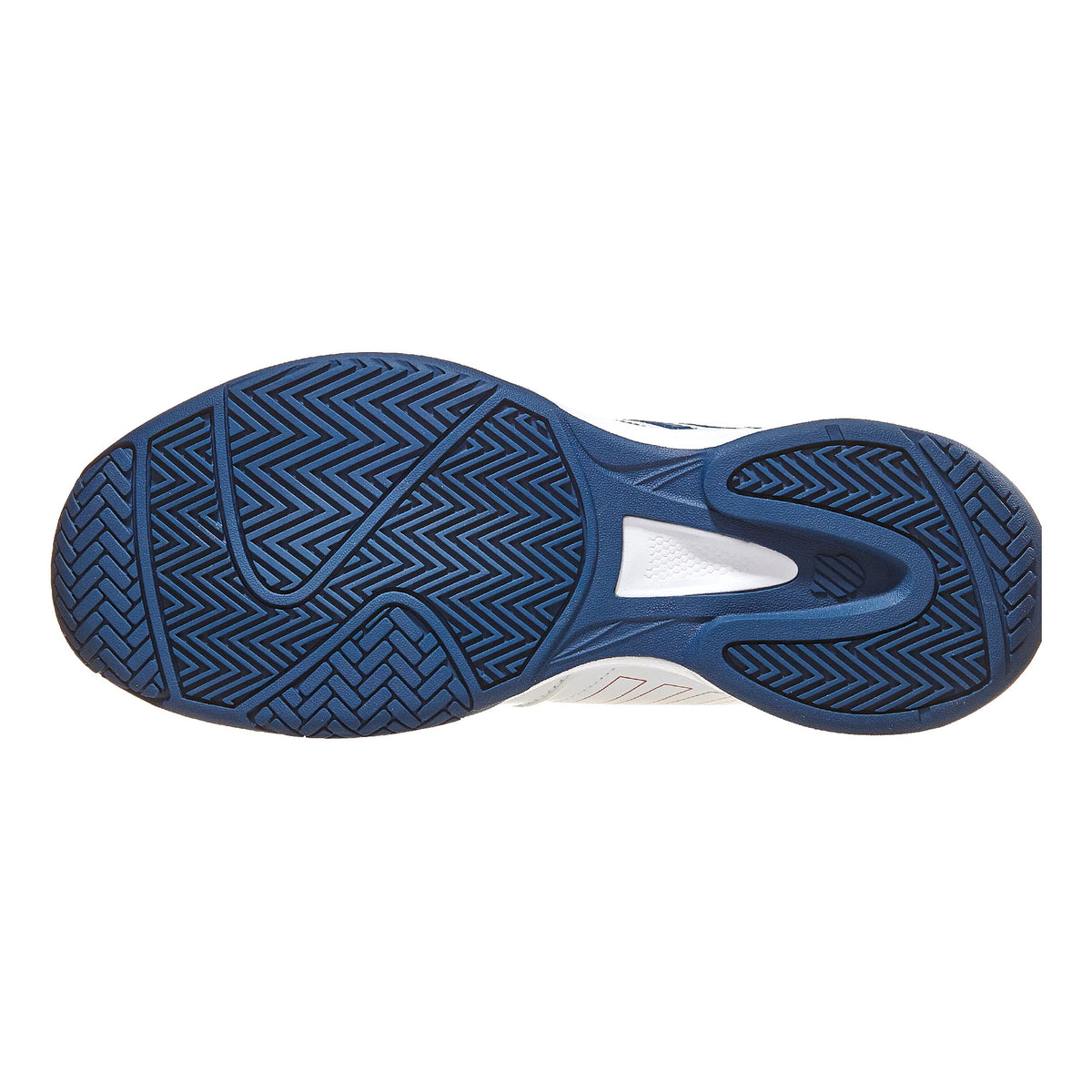 Bottom view of a pair of K-Swiss Court Express White/Blue - Mens tennis shoes showing the geometric pattern on the soles.