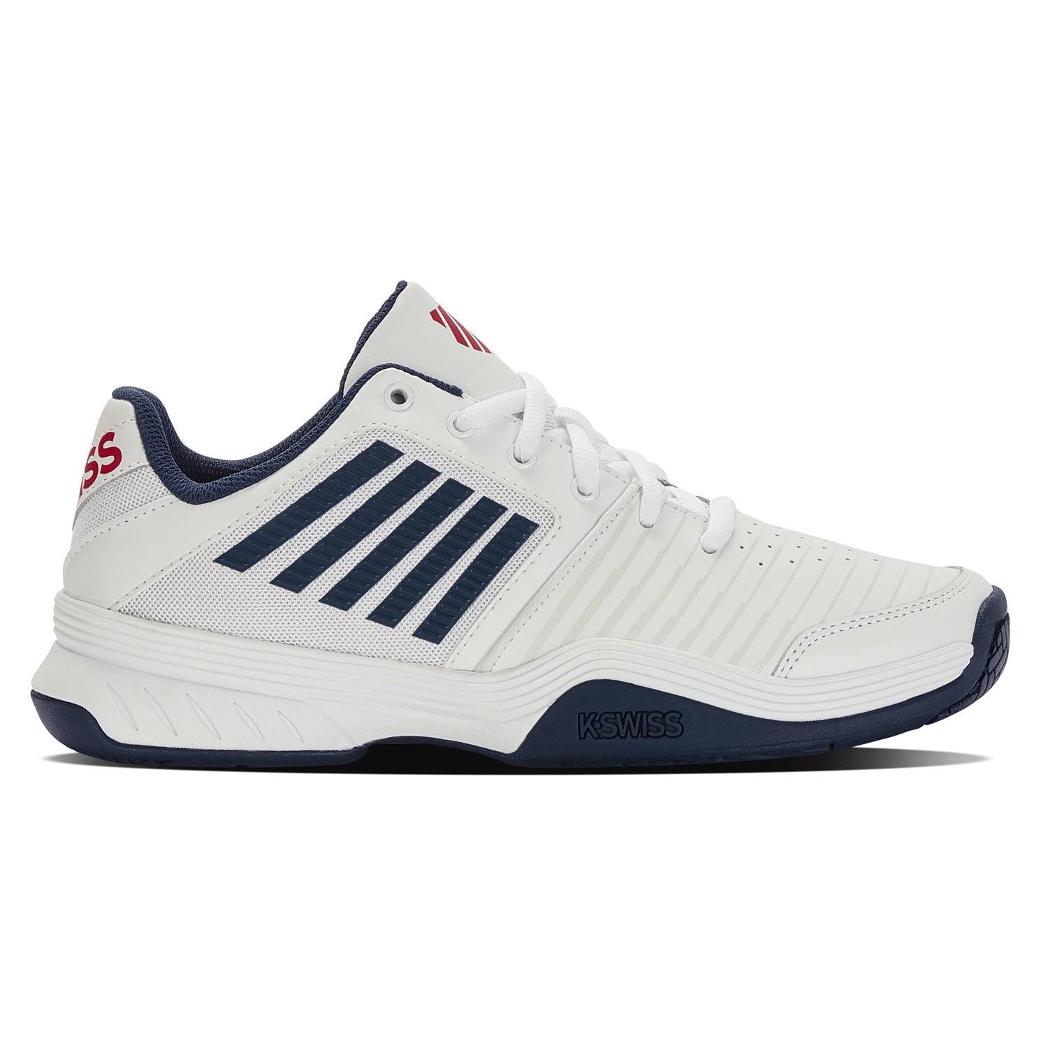 K-Swiss Court Express White/Blue - Mens shoe with red detailing, viewed from the side.