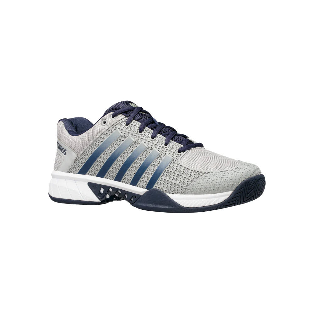 A grey and navy K-Swiss running shoe with white stripes and laces, featuring visible cushioning technology in the heel and a high-density outsole.