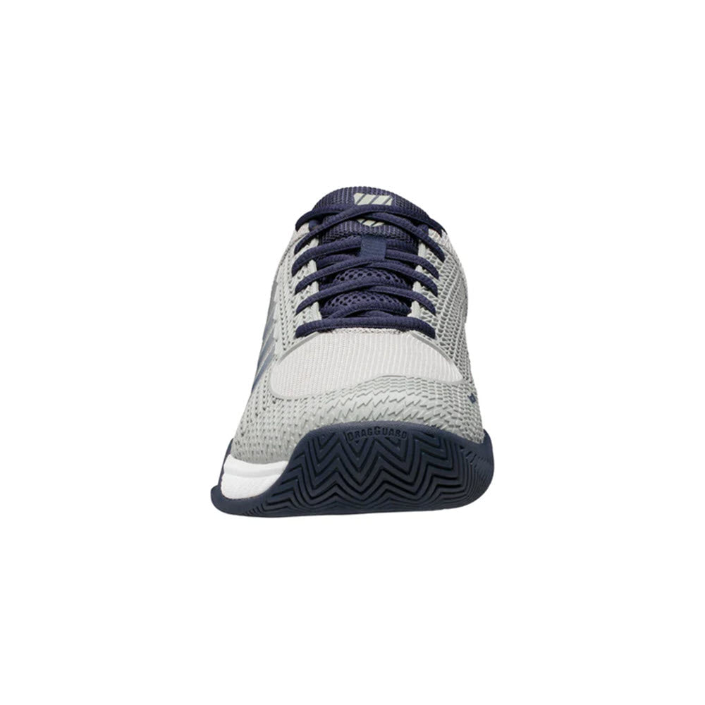 Front view of a K-Swiss Express Light Pickleball Highrise/Navy - Mens with white and navy blue upper and blue sole on a white background, designed as a lightweight breathable shoe.