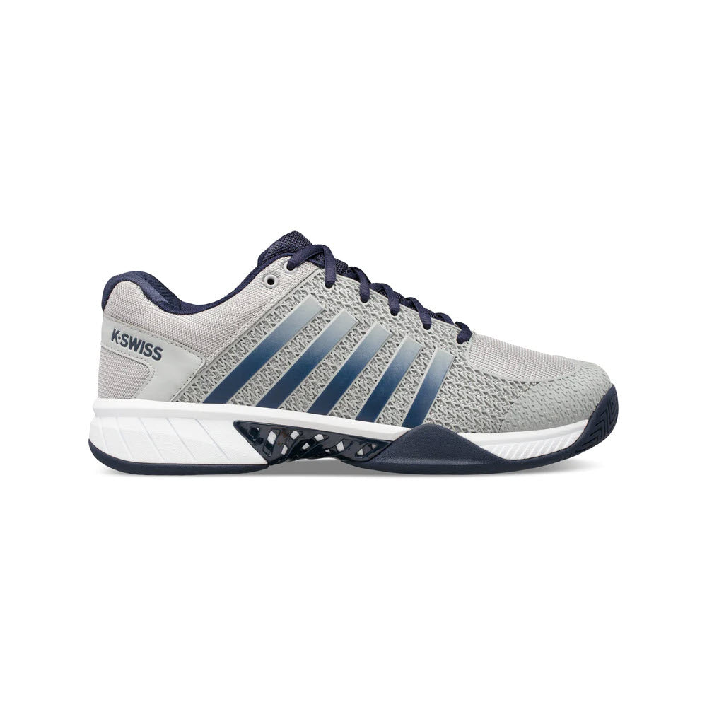 A K-Swiss Express Light Pickleball Highrise/Navy shoe featuring a grey upper with blue accents and a high-density outsole, displayed against a plain white background.