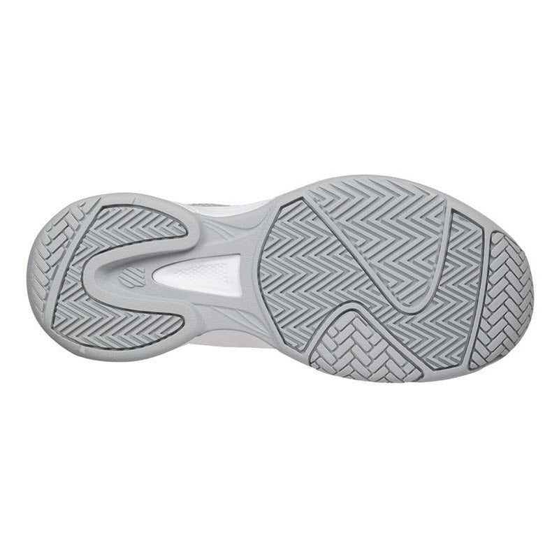 Bottom view of a K-Swiss Court Express White/Grey - Womens pickleball shoe showing the detailed tread pattern on its sole.