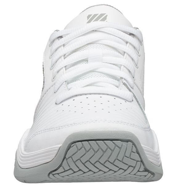 Front view of a K-Swiss Court Express white/grey tennis shoe with laces, featuring perforations for breathability and a gray sole with a herringbone pattern, designed as a comfortable, supportive shoe.