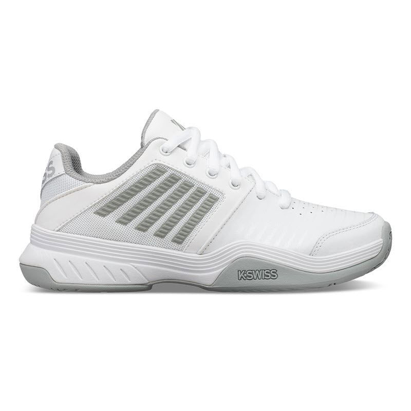 White K-Swiss Court Express pickleball shoe with a patterned side design and logo, featuring a structured sole and ventilated mesh panels.