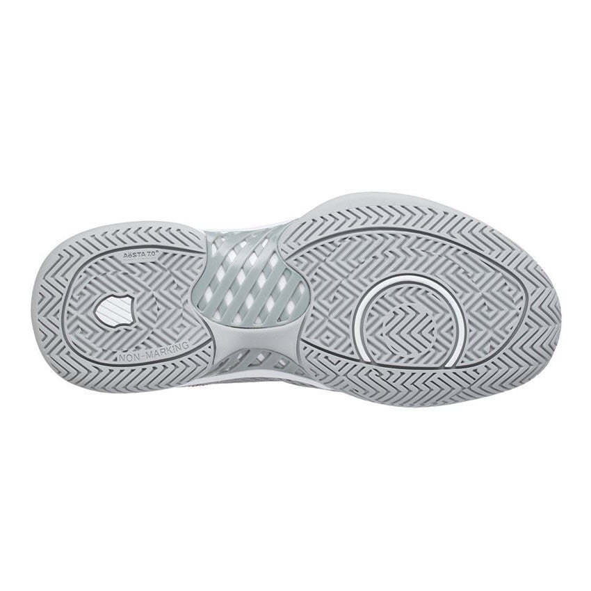 Bottom view of a pair of grey K-Swiss Express Light Pickleball - Womens shoes showing the patterned soles with non-marking text and branding.