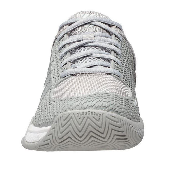 Front view of a gray K-Swiss Express Light Pickleball - Womens athletic shoe with textured patterns and the word &quot;dragguard&quot; on the sole, designed as lightweight breathable pickleball shoes.