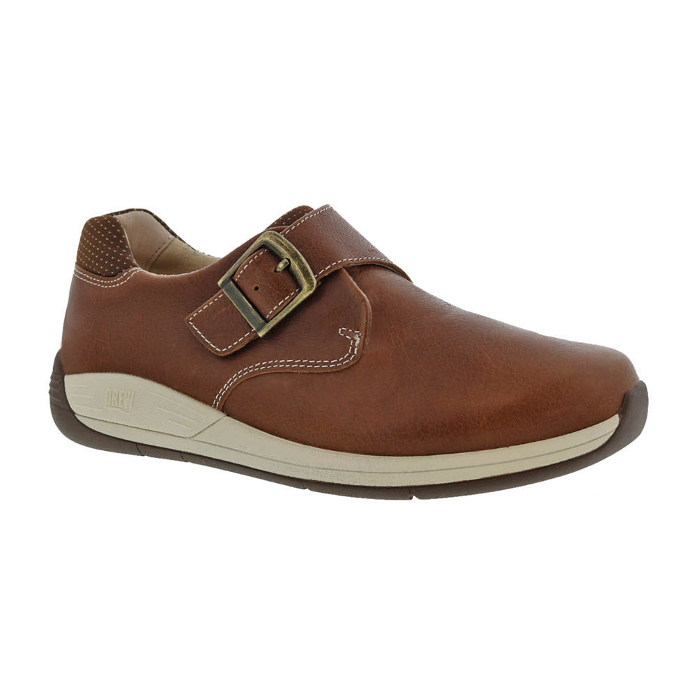 A single brown leather Drew Tempo Camel women&#39;s shoe with an adjustable closure and white sole, displayed on a white background.