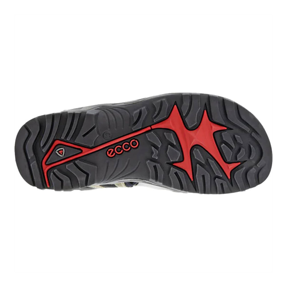 Bottom view of a men&#39;s outdoor sandal with hook and loop straps, featuring a black sole with a red Ecco Yucatan logo and star-shaped design, highlighting the tread pattern.