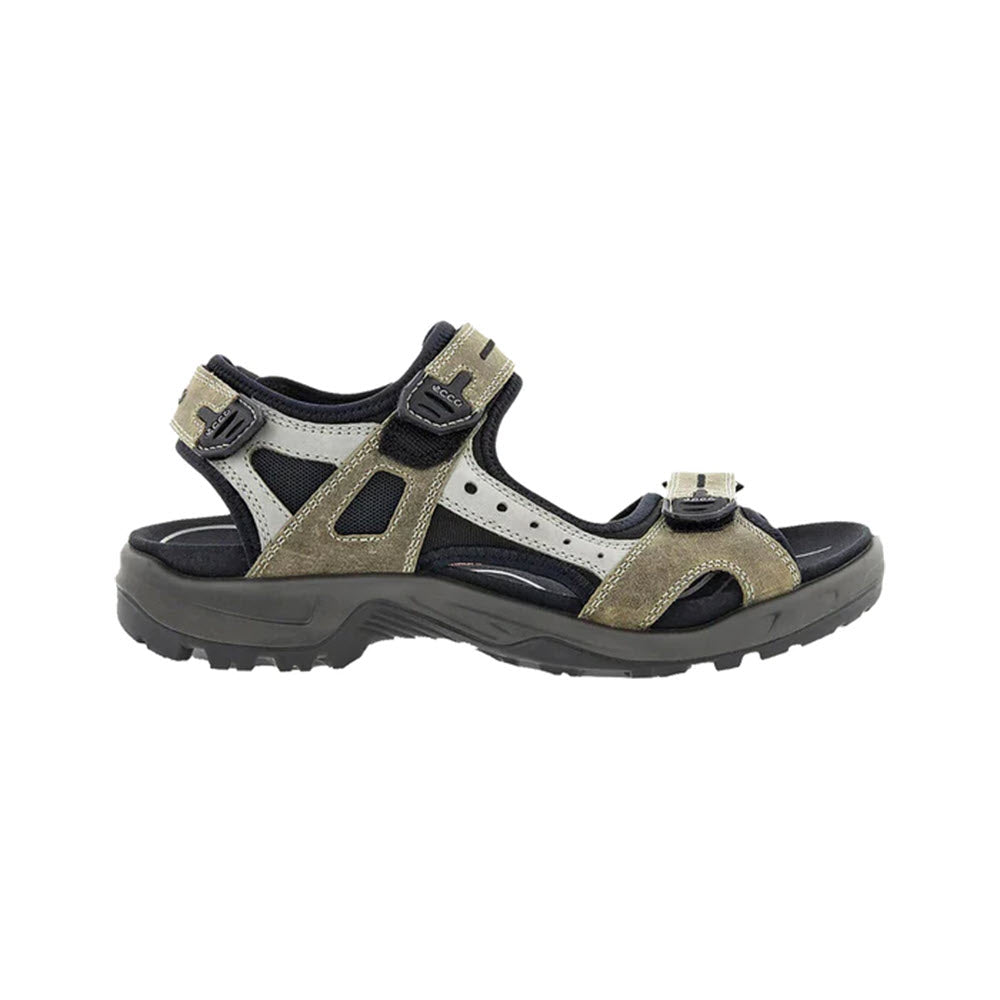 A pair of Ecco Yucatan Sandal Vetiver Wild Dove - Men&#39;s outdoor sandals with hook and loop straps and a rugged sole, displayed against a white background.