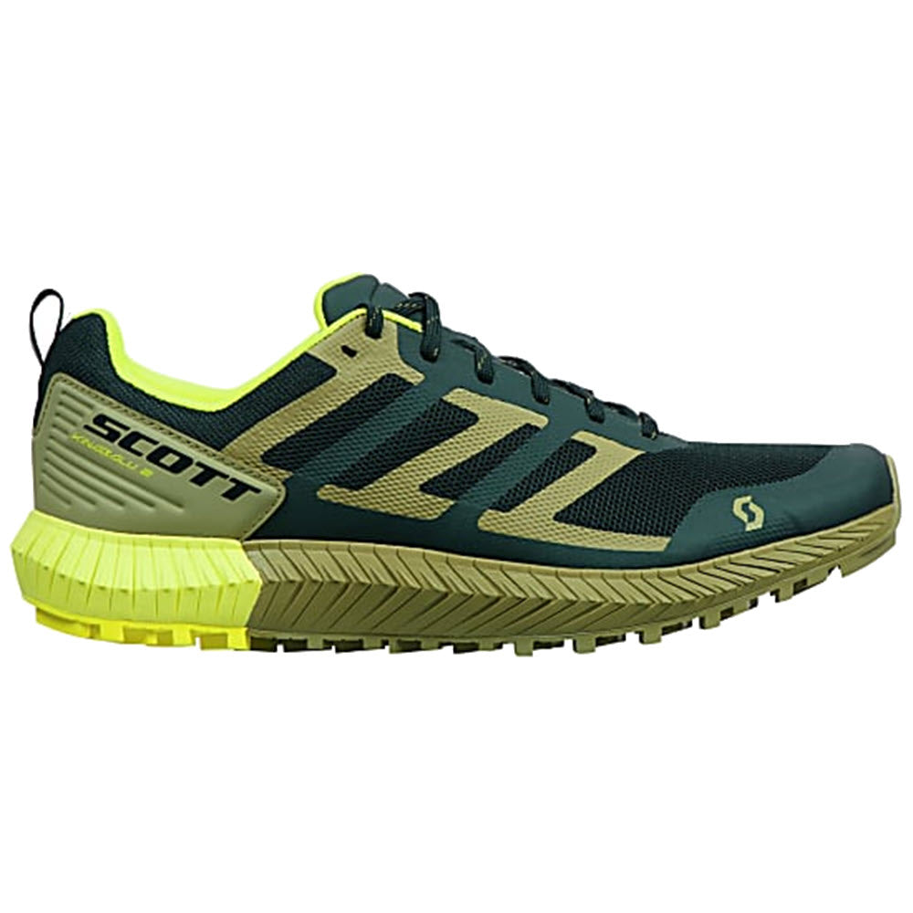 A Misc Kinabalu 2 trail running shoe with navy blue and black upper, and a bright yellow, thick sole, displayed in a side view.