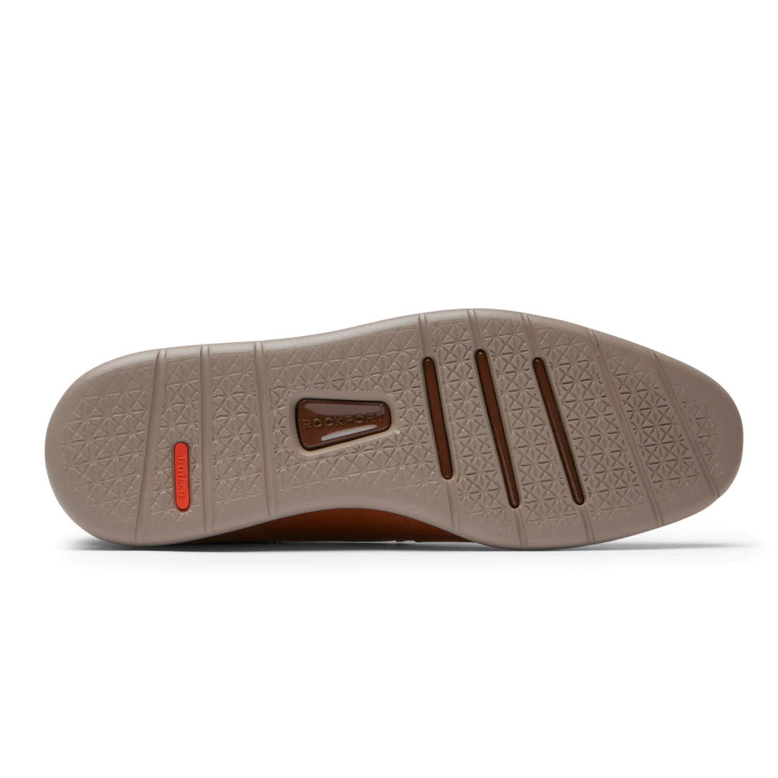 Bottom view of a Rockport shoe showing a textured, lightweight outsole with a brown color tone and a red accent on a rectangular inset.